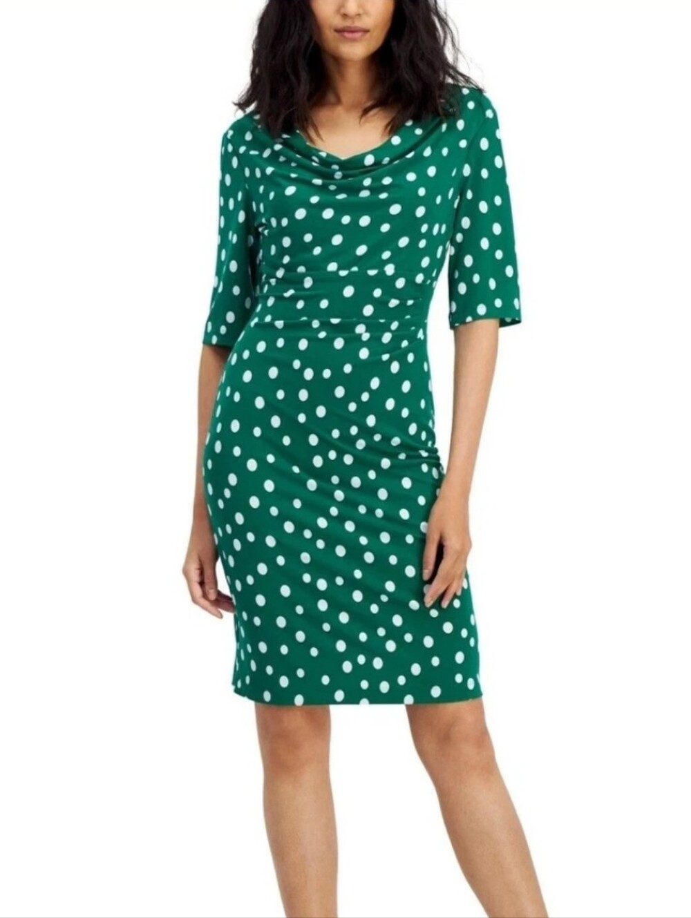 Connected Apparel NWT Green White Polka Dot Cowl Neck Dress Size 12 Party